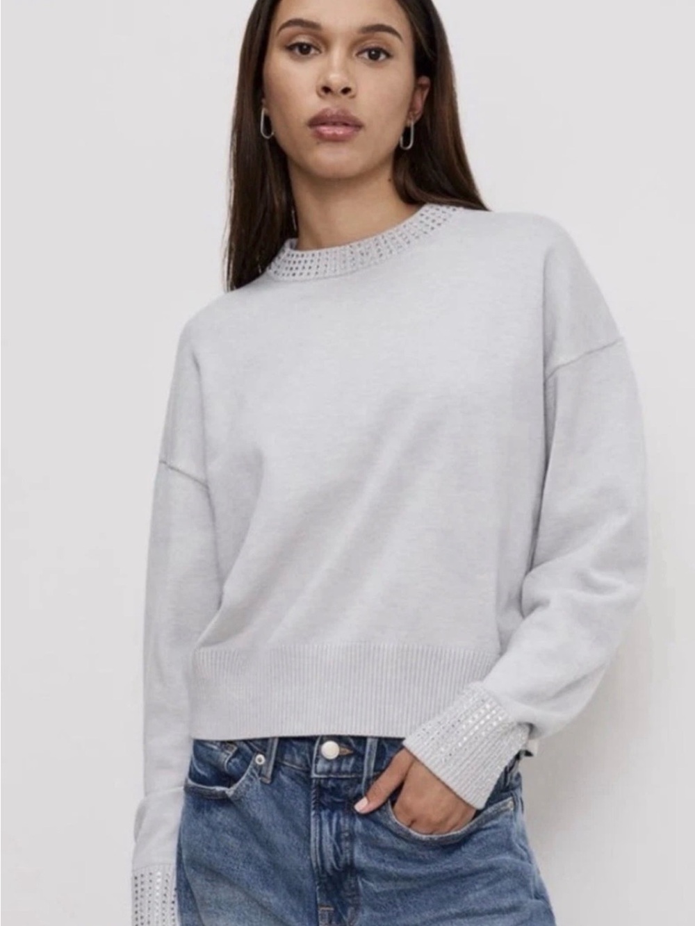 NWT Good American Light Gray Crystal Embellished Crewneck Sweater Size 3XL